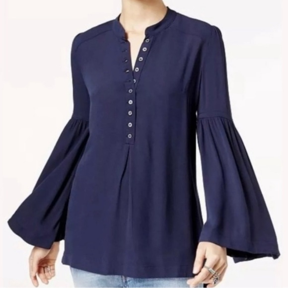 Free People Navy Blue Henley 3/4 Bell Sleeve High Low Tunic Peasant Top - Picture 1 of 15
